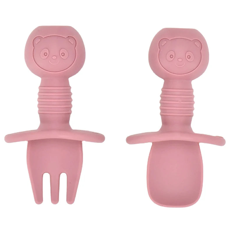 2PCS Cute Baby Learning Spoons Utensils Set Food Grade Silicone Sticky Spoon Children Cutlery Training Spoon Feeding Tableware