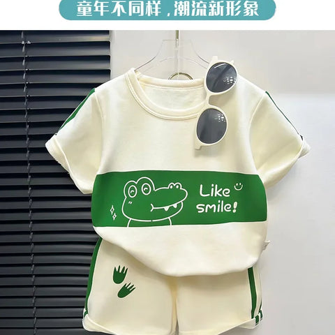 2024 New Kids Short Sleeve Suit Striped Girls Boys Set Summer Tops +short Baby Clothes Children's Wear